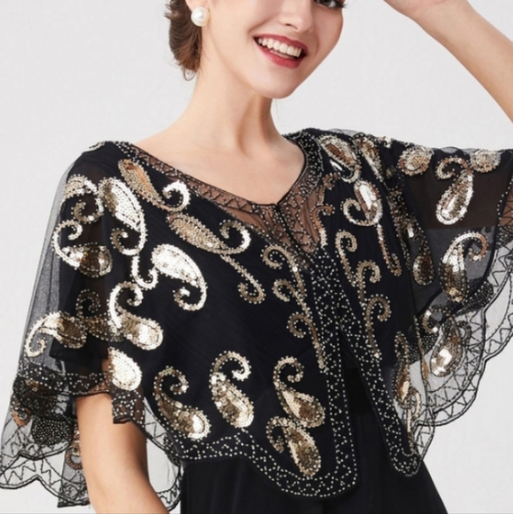1920s Black Gold Sequin Beaded Shawl Flapper Cover Up